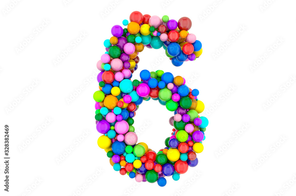 Number 6 from colored balls, 3D rendering