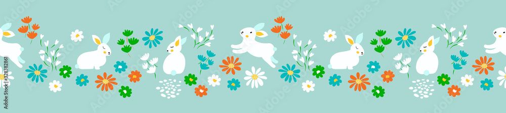 Spring, Easter, summer  banner or seamless border background design with cute little bunny and sweet flowers. Horizontal vector illustration