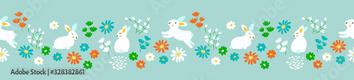Spring  Easter  summer  banner or seamless border background design with cute little bunny and sweet flowers. Horizontal vector illustration