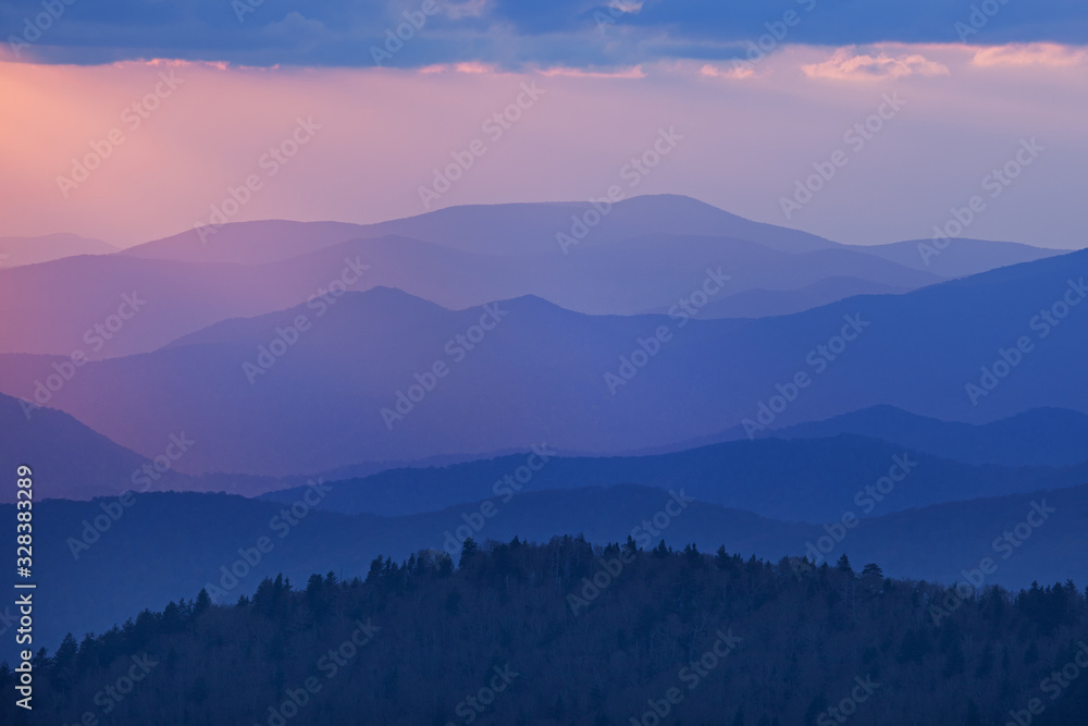 Sunset from Clingman's Dome with sunbeams, Great Smoky Mountains National Park, Tennessee, USA