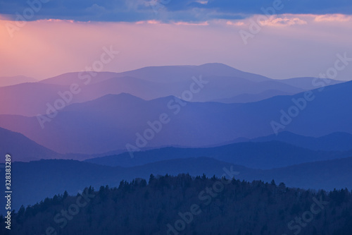 Sunset from Clingman's Dome with sunbeams, Great Smoky Mountains National Park, Tennessee, USA © Dean Pennala