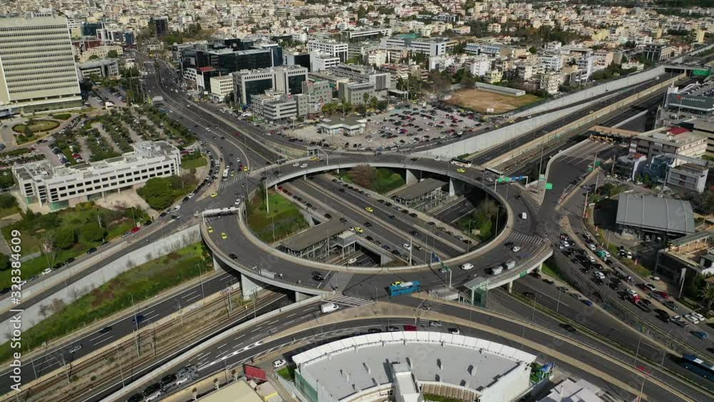 Aerial drone video of ring road in Kifisias and Attiki odos avenues, a popular multilevel junction circular road, Attica, Greece Aerial drone video of ring road in Kifisias and Attiki odos avenues, a popular multilevel junction circular road, Attica, Greece