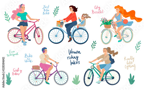 Set of different women riding bikes. Vector cartoon illustration
