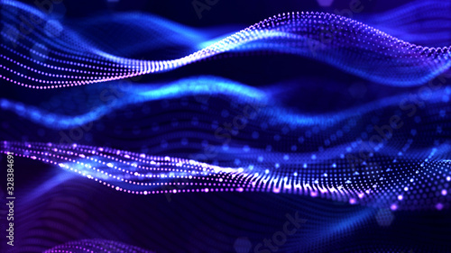 abstract sci-fi background with glow particles form curved lines, surfaces, hologram structures or virtual digital space. Deep blue motion design background of microworld or cosmic space. Strings 25 photo