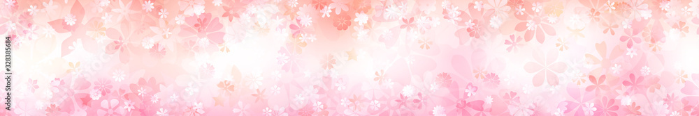 Spring horizontal banner of various flowers in pink colors