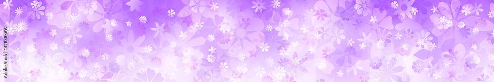 Spring horizontal banner of various flowers in purple colors