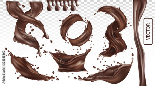 3D realistic splash of chocolate. Twisted dark chocolate with drop on transparent background. Set vector illustration.