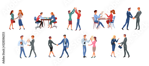 The set of different office workers has conversations, greeting, meeting. Vector illustration in flat cartoon style.
