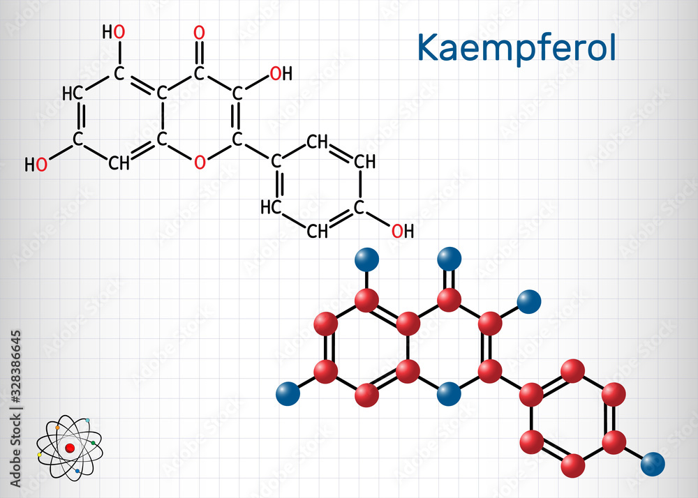 Kaempferol. C15H10O6 molecule. It is antioxidant, natural flavonol, type of flavonoid. Structural chemical formula and molecule model. Sheet of paper in a cage Kaempferol. C15H10O6 molecule. It is antioxidant, natural flavonol, type of flavonoid. Structural chemical formula and molecule model. Sheet of paper in a cage