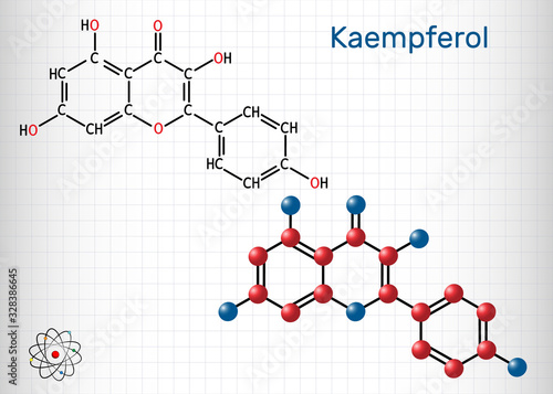 Kaempferol. C15H10O6 molecule. It is antioxidant, natural flavonol, type of flavonoid. Structural chemical formula and molecule model. Sheet of paper in a cage