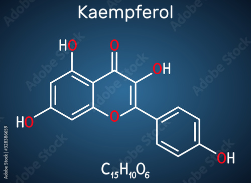 Kaempferol. C15H10O6 molecule. It is antioxidant, natural flavonol, type of flavonoid. Structural chemical formula on the dark blue background