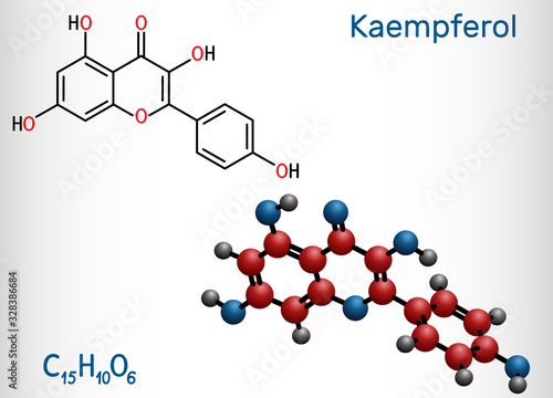 Kaempferol. C15H10O6 molecule. It is antioxidant, natural flavonol, type of flavonoid. Structural chemical formula and molecule model