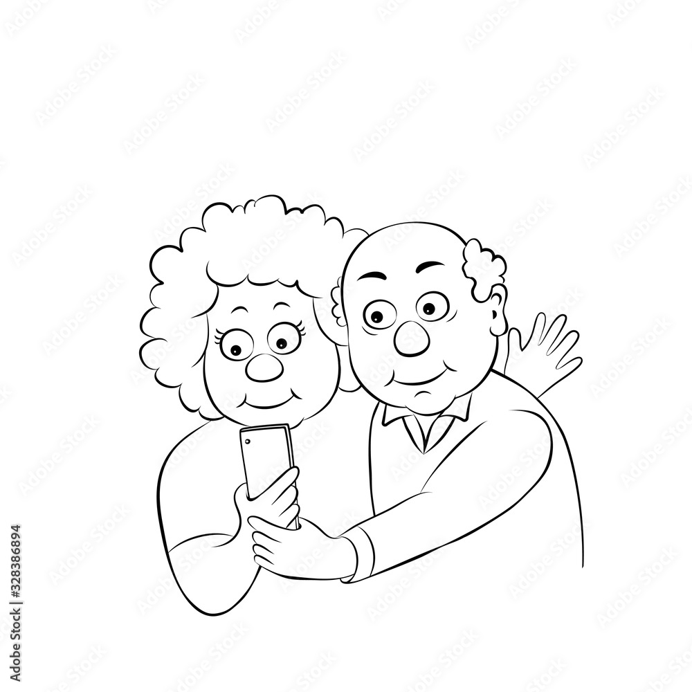 Smartphone dialog of older male and female ,online call talking elderly characters vector concept.Linear silhouette on a white background. Smartphone dialog of older male and female ,online call talking elderly characters vector concept.Linear silhouette on a white background.