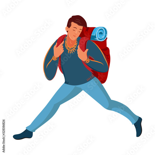 Brown-haired boy traveler in blue pants with a tourist backpack. Vector illustration in flat cartoon style.