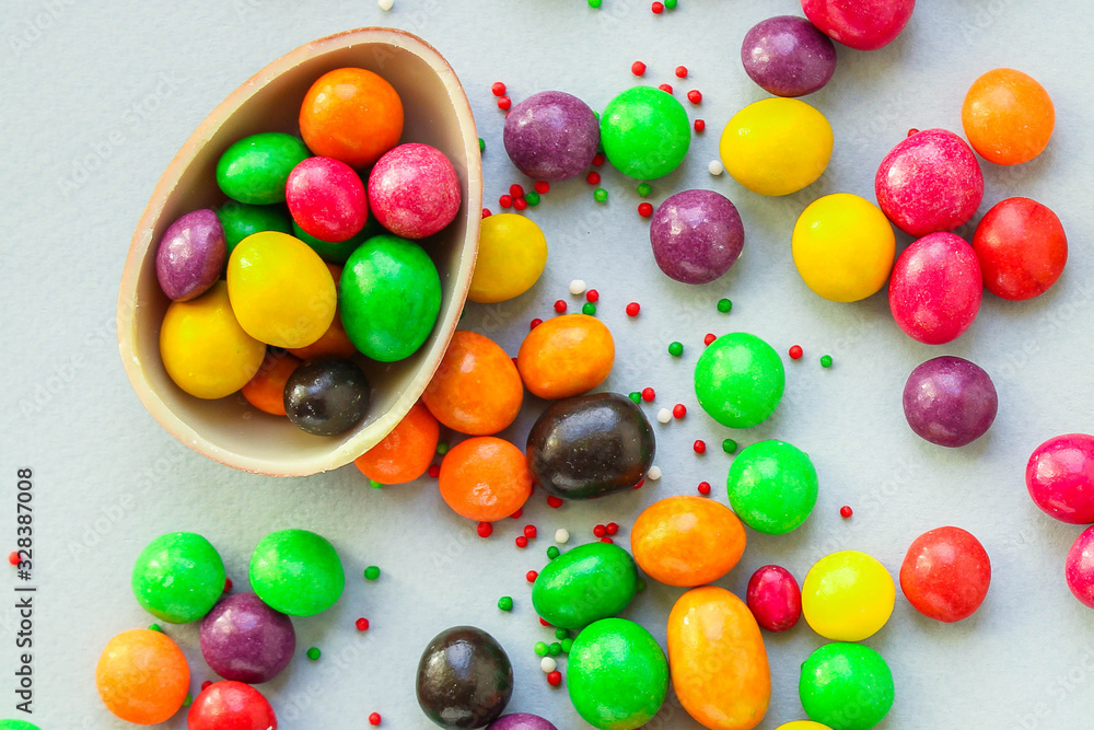 chocolate egg and candy Happy easter decor. menu concept background. top view. copy space chocolate egg and candy Happy easter decor. menu concept background. top view. copy space