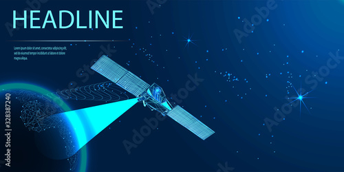 Satellite in orbit of the Earth. View from space. Intelligence service. Low poly wireframe style. Vector