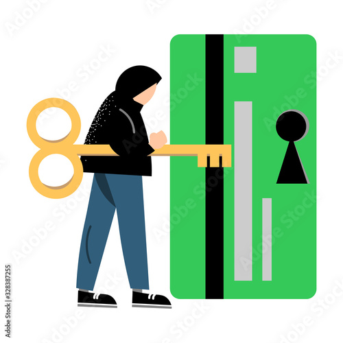 Man criminal stealing money from bank card in internet