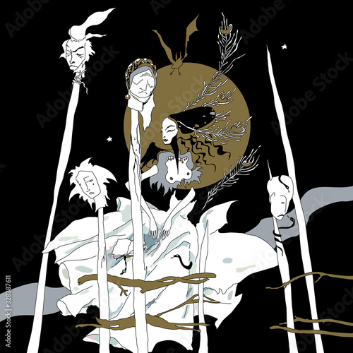 Isolated vector illustration. Fantastic scene. Beautiful enchantress with impaled heads of her victims. Dark female archetype. Le Femme Fatale. Hand drawn original style art.