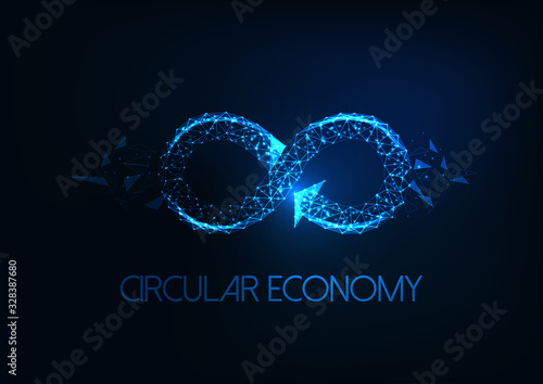 Futuristic circular economy concept with glowing low polygonal infinity sign isolated on dark blue photo