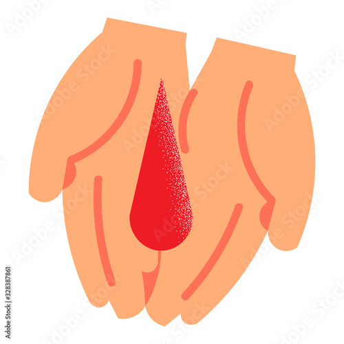 Blood drop in human palms vector illustration