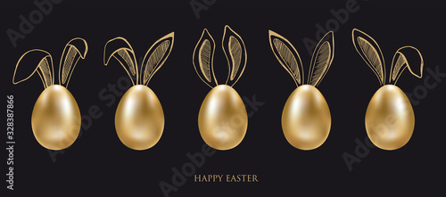 Happy Easter. Set of rabbits's ears. Gold eggs. Hand drawn illustration.
