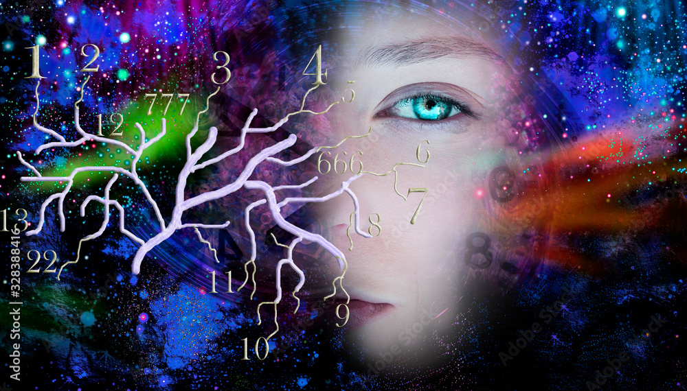 Portrait of space woman and abstract tree with numbers, numerology Portrait of space woman and abstract tree with numbers, numerology