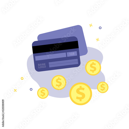 Vector isolate illustration of credit or debit plastic cardwith dollar or cent coins. Bussiness or finance, cash or plastic money concept