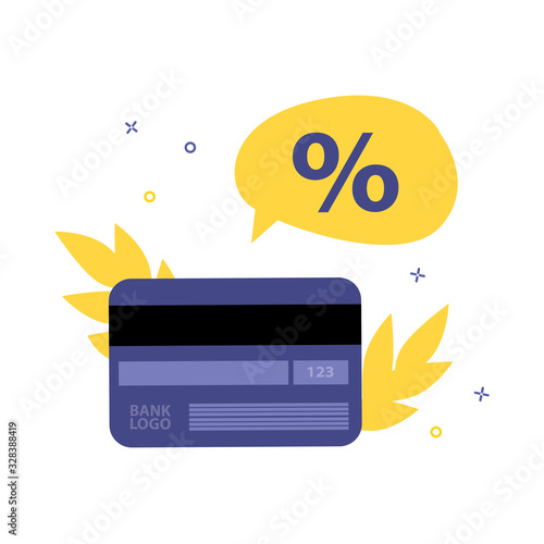 Vector isolate illustration of credit or debit plastic card with bubble speech and percent. Bussiness or finance concept. Sale