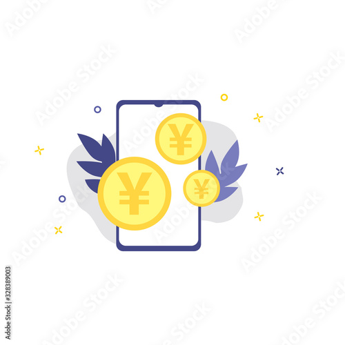 Vector illustration of smartphone with yen or yuan coins.  Online shopping, shopping app, exchange money concept. Smartphone online payments