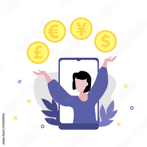 Vector illustration of girl or woman with various money such as euro, dollar, pound, yen, yuan coins. Online shopping, shopping app, exchange money concept. Smartphone online payments