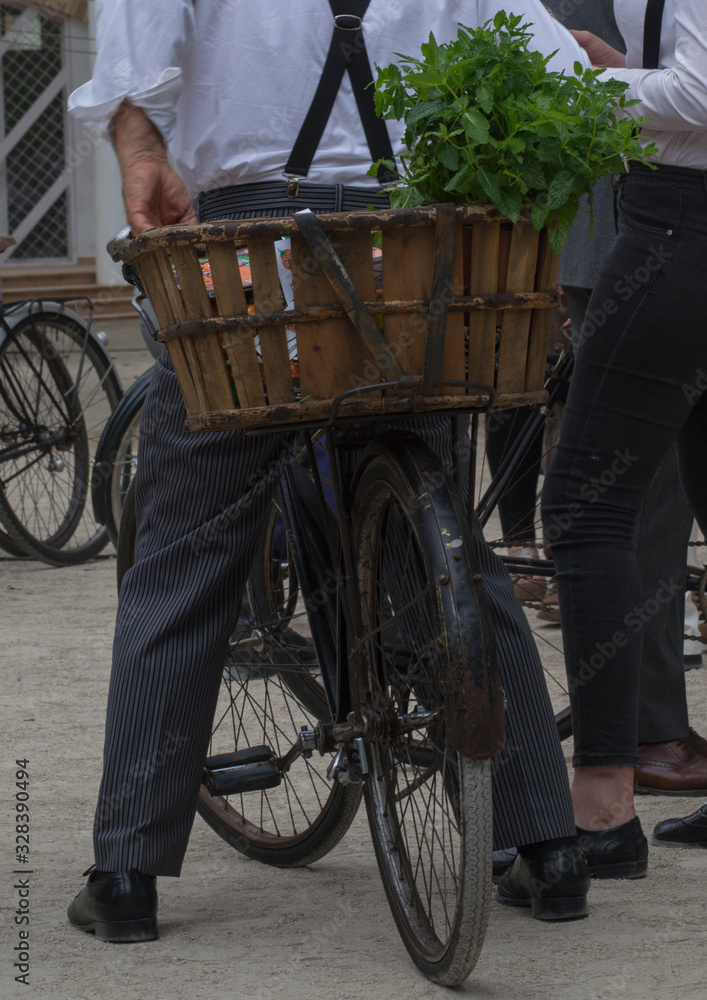 Obraz premium A man on his bike with vegetables in the basket, in the modernist era