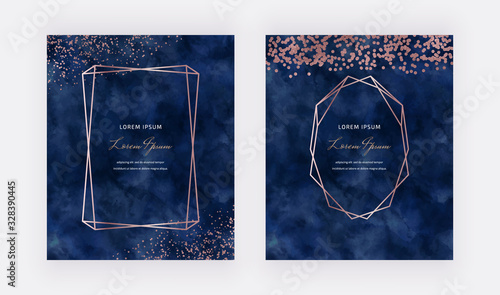 Navy blue watercolor background with rose gold confetti and geometric polygonal lines frames. Modern vector design for wedding invitation, greeting, banner, flyer, poster, save the date