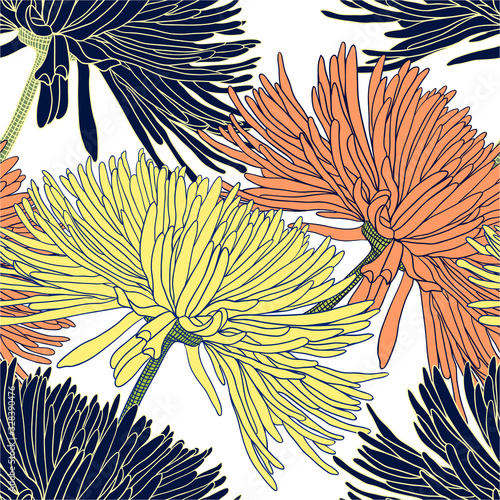 Seamless pattern with chrysanthemums in black yellow orange on white for decoration textile and cloth or for wallpaper and draper or for background of different things