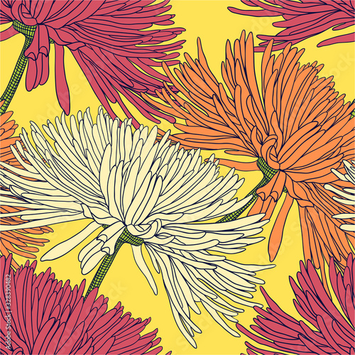 Seamless pattern with chrysanthemums in red orange beige on yellow for decoration textile and cloth or for wallpaper and draper or for background of different things