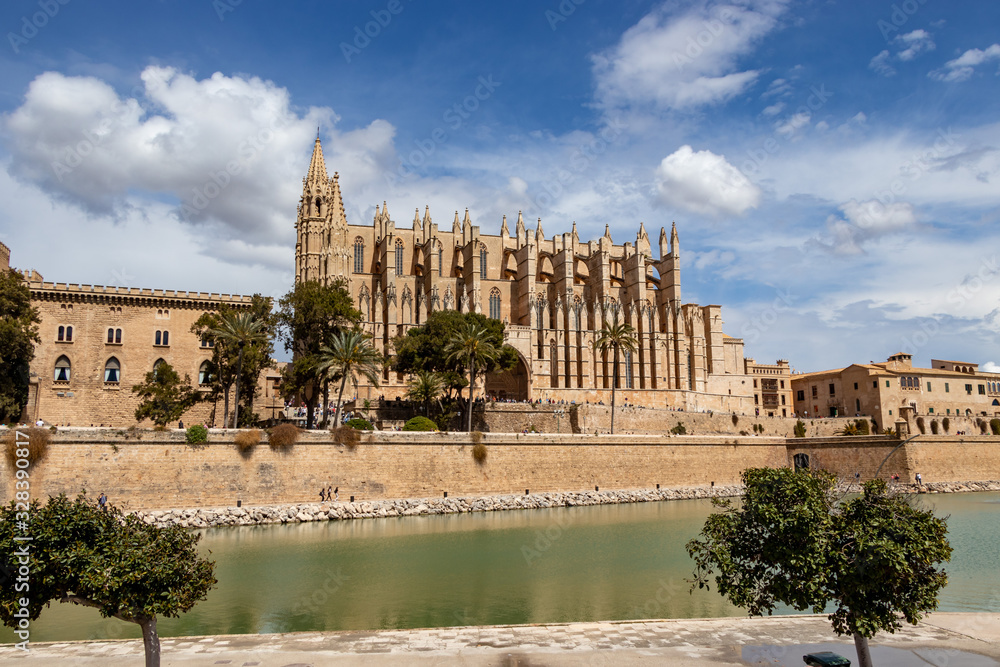 panorama of Santa Maria Cathedral on a beautiful sunny day in april, Palma de Mallorca, Spain