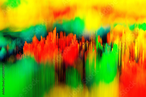 3d render of abstract art with surreal 3d scatter topographic landscape background with mountains, hills based on small long cubes or sticks particles in orange yellow black and green tropical color