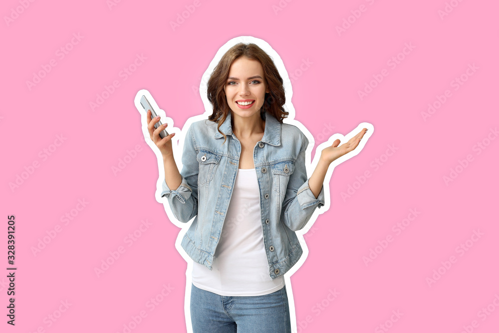 Young woman with mobile phone on color background Young woman with mobile phone on color background