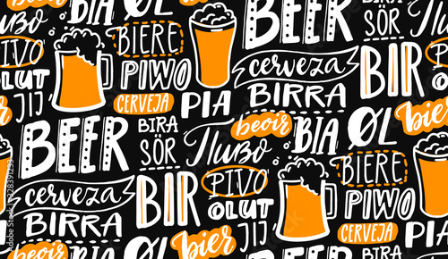 Beer text pattern on black board. Word beer in different languages. Italian birra, spanish cerveza, macedonian pivo, german bier. Chalk lettering seamless texture for pubs, menu and placemats