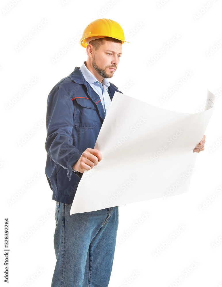 Male engineer with drawing on white background Male engineer with drawing on white background