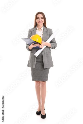 Female engineer with drawing on white background