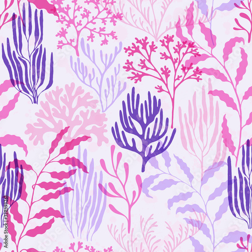 Coral reef seamless pattern.  Tropical coral reef bush silhouette elements.
