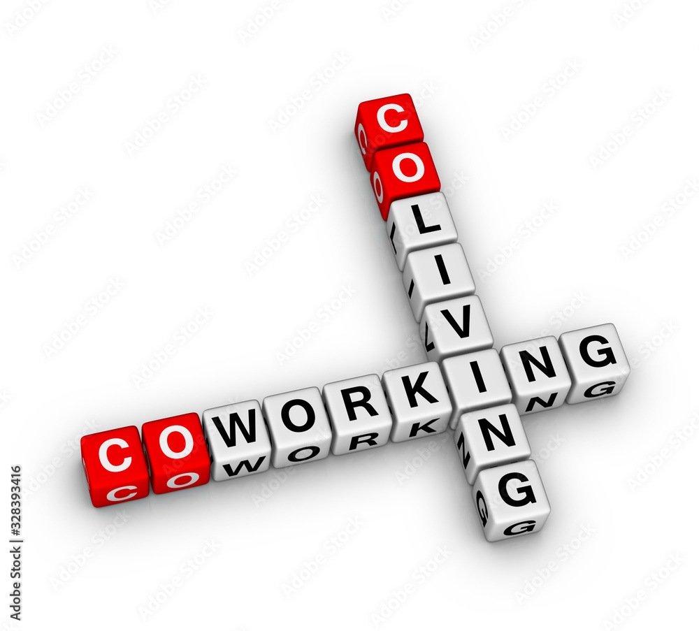Co-working and co-living 3D crossword puzzle on white background Co-working and co-living 3D crossword puzzle on white background