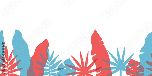 Vector seamless horizontal border pattern with tropical leaves in colors overlay style