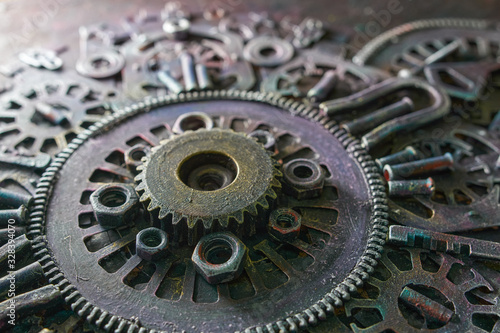 Machine gear, metal cogwheels, nuts and bolts