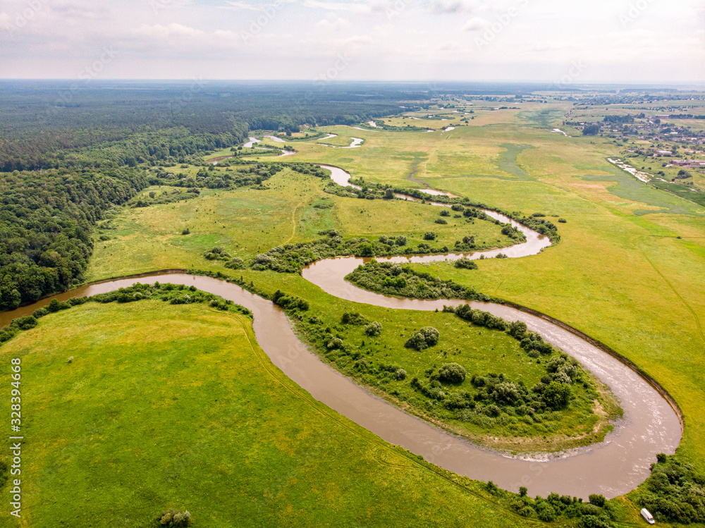 Horyn river, Ukraine. Drone shot. Wavy river