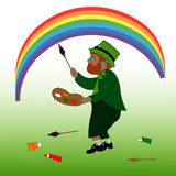 Cute Leprechaun is drawing a rainbow. Saint Patrick's Day Greeting card.