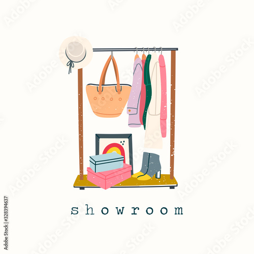 Wardrobe. Showroom concept. Clothing rack. Various clothes on hangers. Boots, coat, shoe boxes, bag, hat, jacket. Hand drawn trendy colored vector illustration. Stamp texture