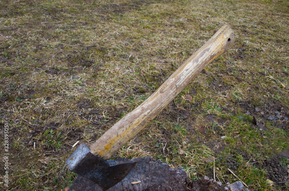 hatchet stuck on a piece of log . axe in work outdoor hatchet stuck on a piece of log . axe in work outdoor