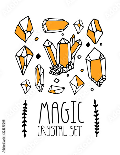 Magic crystals set. Wiccan concept. Witchcraft vector illustration in hand drawn style with pagan lineart elements