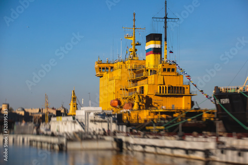 View of a massive russian diesel-powered icebreaker ice-breaker ship in a summer day